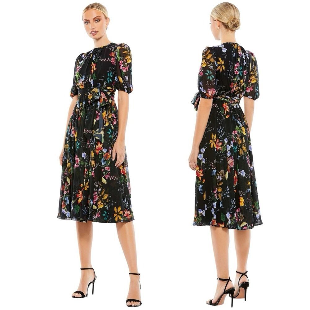 Leena for Mac Duggal 55625 Black Floral Chiffon Midi Dress Cottagecore. NWT Sz 0